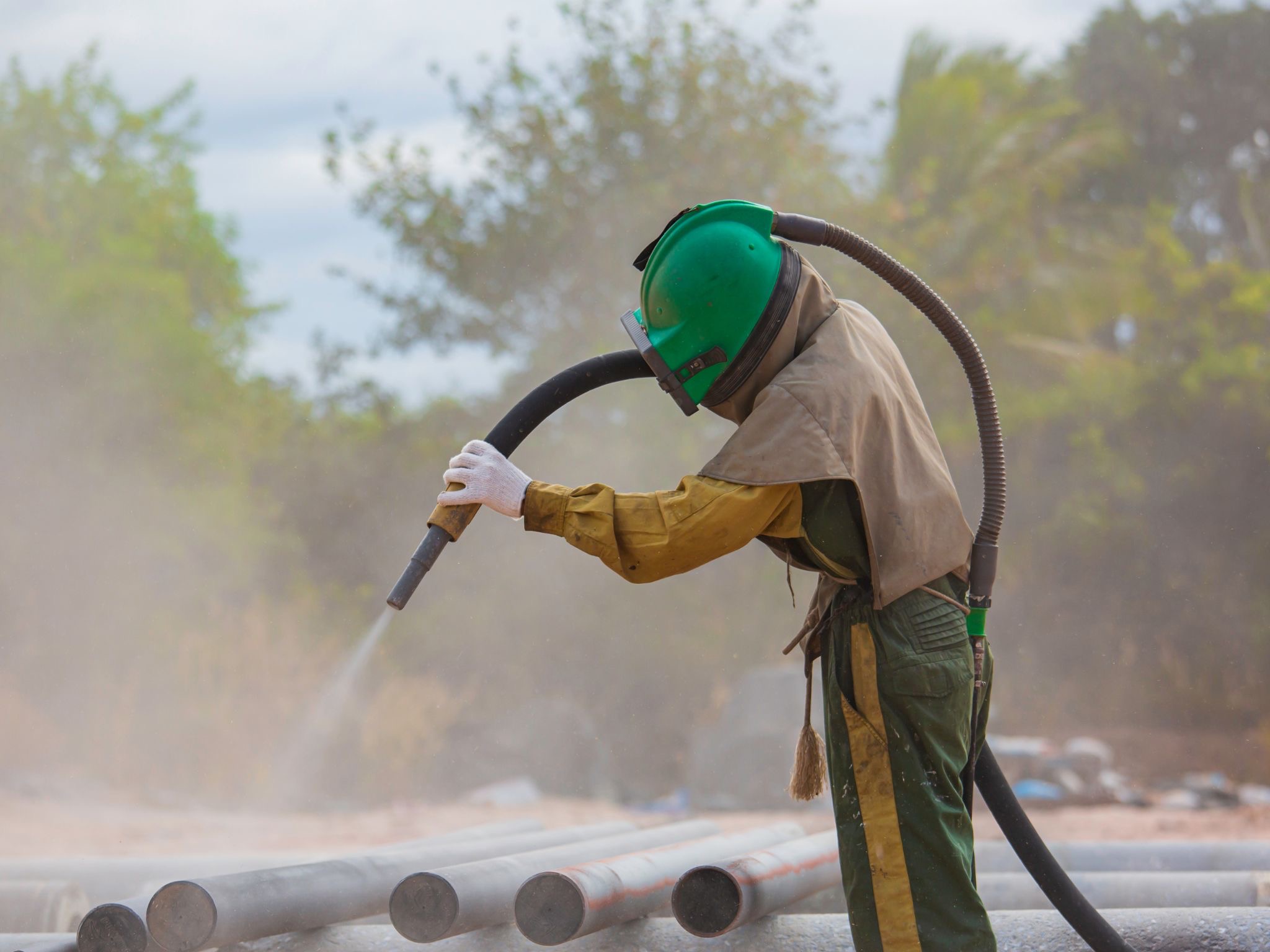 Abrasive blasting process cleaning pipe surfaces before treatment